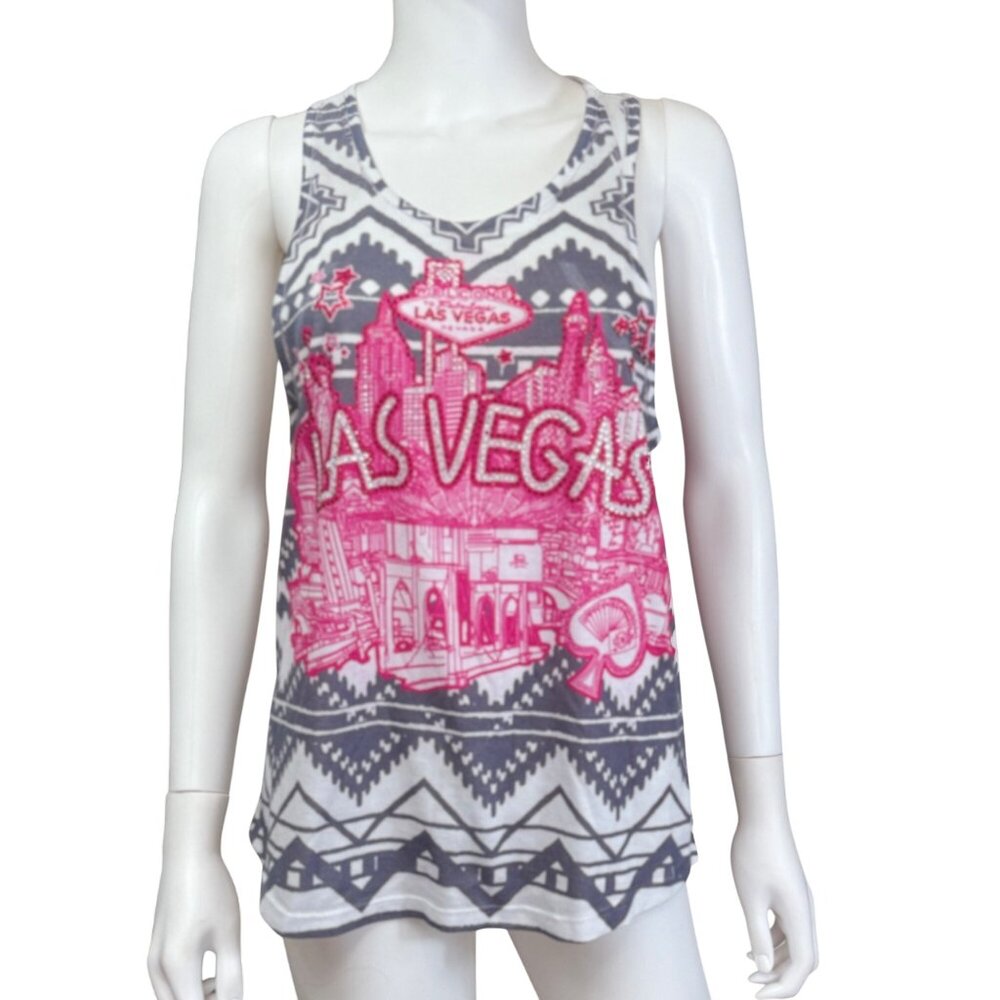 YMF Tank Top Womens M Gray Pink Las Vegas Graphic Glitter Racerback 100% Polyest